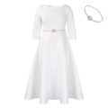 Elegant white long-sleeve A-line evening dress for girls with pearl headband set - S / White with Belt