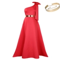 Elegantes rotes One-Shoulder-Abendkleid mit großer Schleife und goldenem Metallgürtel - S / Wassermelonenrot