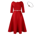 Elegant red flared dress for girls featuring a pearl waist belt and matching accessory - S / Red with Belt