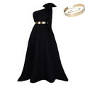 Elegantes schwarzes One-Shoulder-Maxikleid mit Schleife und goldenem Metallgürtel - S / Schwarz