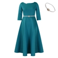 Peacock blue girls dress set with pearl belt and headband for parties and events - S / Green With Belt