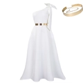 Elegantes weißes One-Shoulder-Maxikleid mit großer Schleife und goldenem Metallgürtel - S / Weiß