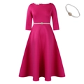 Rose pink A-line girls evening dress with pearl belt and matching headband set - Rose Red with Belt