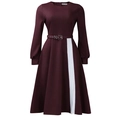 Detail of burgundy long sleeve dress featuring white vertical stripes and a matching belt - Brown