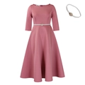 Dusty pink A-line evening dress with 3/4 sleeves and pearl-embellished waist belt - Lotus Root Pink With Belt
