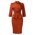 Detail of rust red business suit set featuring wrap peplum top and pencil skirt - S / Brown