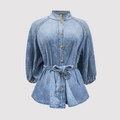 Camisa vaquera azul claro con mangas abullonadas y lazo en la cintura estilo vintage - S / Azul