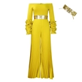 Elegant bright yellow off-shoulder pleated jumpsuit with ruffle sleeves and gold belt - S / Yellow