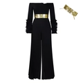 Elegant off-the-shoulder black jumpsuit with pleated wide legs and a golden metal belt - S / Black