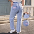 Light blue high waisted straight leg jeans featuring pink bow embroidery and elastic waist - 0XL / Light Blue