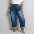 Detail of high waisted wide leg jeans showing multi-button fly and washed cat whiskers - 3XL / Blue