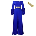 Royal blue off-shoulder jumpsuit with ruffled sleeves, pleated wide legs and gold belt - S / Blue