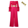 Elegant magenta off-shoulder jumpsuit with pleated wide legs and ruffled layered sleeves - S / Rose Red