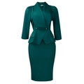 Deep green professional dress featuring a wrap shawl collar and elegant peplum waist detail - S / Malachite green