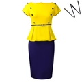 Elegantes gelb-blaues Peplum-Kleid in Colorblock-Optik mit Bleistiftrock und Gürtel - S / Gelb