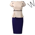 Elegantes zweiteiliges Kleid in Beige und Navyblau mit schmalem Gürtel für das Büro - S / Aprikose