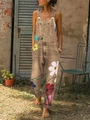 Washed brown denim overalls with colorful floral print shown in a garden setting - Light Blue