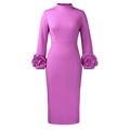 Close-up of elegant magenta bodycon dress featuring 3D floral accents on cuffs - S / Lotus Pink