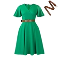 Elegant grass green V-neck dress with ruffle sleeves and slim brown belt accessory - S / Green