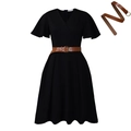 Black V-neck dress with flare sleeves and brown leather belt accessory - S / Black