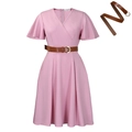 Pink V-neck short sleeve dress with high waist design and a brown belt accessory - S / Pink