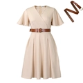 Elegant beige A-line dress with V-neck, flare sleeves, and a slim brown metal buckle belt - S / Khaki