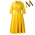 Elegant yellow lapel blazer dress with three-quarter sleeves and a gold buckle belt - S / Yellow