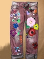 Donkerrode jeans met rechte pijpen en bohemien handgeschilderde bloempatronen - XL / Rood