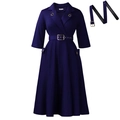 Elegant navy blue vintage style blazer dress with matching gold buckle waist belt - S / Dark Blue