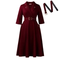 Elegant wine red lapel dress with metal eyelet details and matching buckled waist belt - S / Burgundy