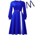 Elegantes königsblaues Langarm-Midikleid mit weißem Seitenstreifen und verstellbarem Gürtel - S / Königsblau