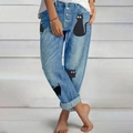 Women's vintage light blue straight jeans with cartoon cat prints and button fly closure - S / Blue Cat