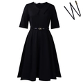 Elegant black short sleeve dress with lapel collar and golden buckle belt accent - S / Black With Belt