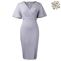 Elegantes lavendelfarbenes Kleid mit V-Ausschnitt, Puffärmeln und Gürtel mit Brosche - S / Grau Mit Brosche