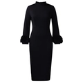 Detail of floral texture on cuffs of a slim fit black long sleeve dress with high neck - S / Black