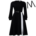 Elegantes langärmliges schwarzes Maxikleid mit weißem Seitenstreifen und Ösengürtel - S / Schwarz