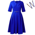 Elegant royal blue plus size shirt dress with lapel collar and golden buckle belt - S / Royal Blue with Belt