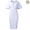 Weißes V-Ausschnitt Kleid mit Laternenärmeln, Gürtel und Seitenschlitz - S / Weiß Mit Brosche