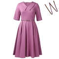Elegant mauve A-line midi dress with V-neck, half sleeves and gold buckle belt detail - S / Lotus Root Pink With Belt