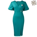 Elegantes blaugrünes V-Kleid mit Laternenärmeln, Gürtel und Perlenbrosche-Detail - S / Grün Mit Brosche