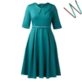 Elegant turquoise long sleeve pleated dress with a matching waist belt and lapel collar - S / Green With Belt