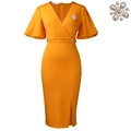 Orangefarbenes Kleid mit V-Ausschnitt, Laternenärmeln, Seitenschlitz und Perlenbrosche - S / Hellorange Mit Brosche
