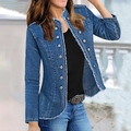 Short denim jacket for women with white buttons and retro fringed hem details - S / Blue