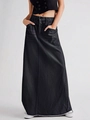 Zwarte denim A-lijn lange rok met hoge taille en zijzakken voor een slanke elegante look - S / Zwart