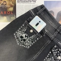 Slim fit denim jeans featuring rhinestone skull and wings embroidery on the back pocket - S / Black and Gray