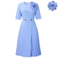 Elegant light blue V-neck dress with pleated skirt and a 3D floral brooch detail - S / Light Blue