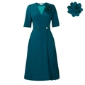 Elegant dark green V-neck wrap dress with short sleeves, pleated skirt and gold buttons - S / Malachite green