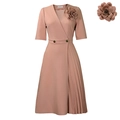 Elegant mauve V-neck midi dress featuring pleated skirt detail and floral brooch - S / Khaki