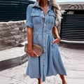 Light blue denim shirt dress with lapel collar and button-down slim fit design - S / Top And Bottom / Blue