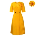 Elegant bright yellow V-neck pleated midi dress with floral brooch and belted waist - S / Yellow